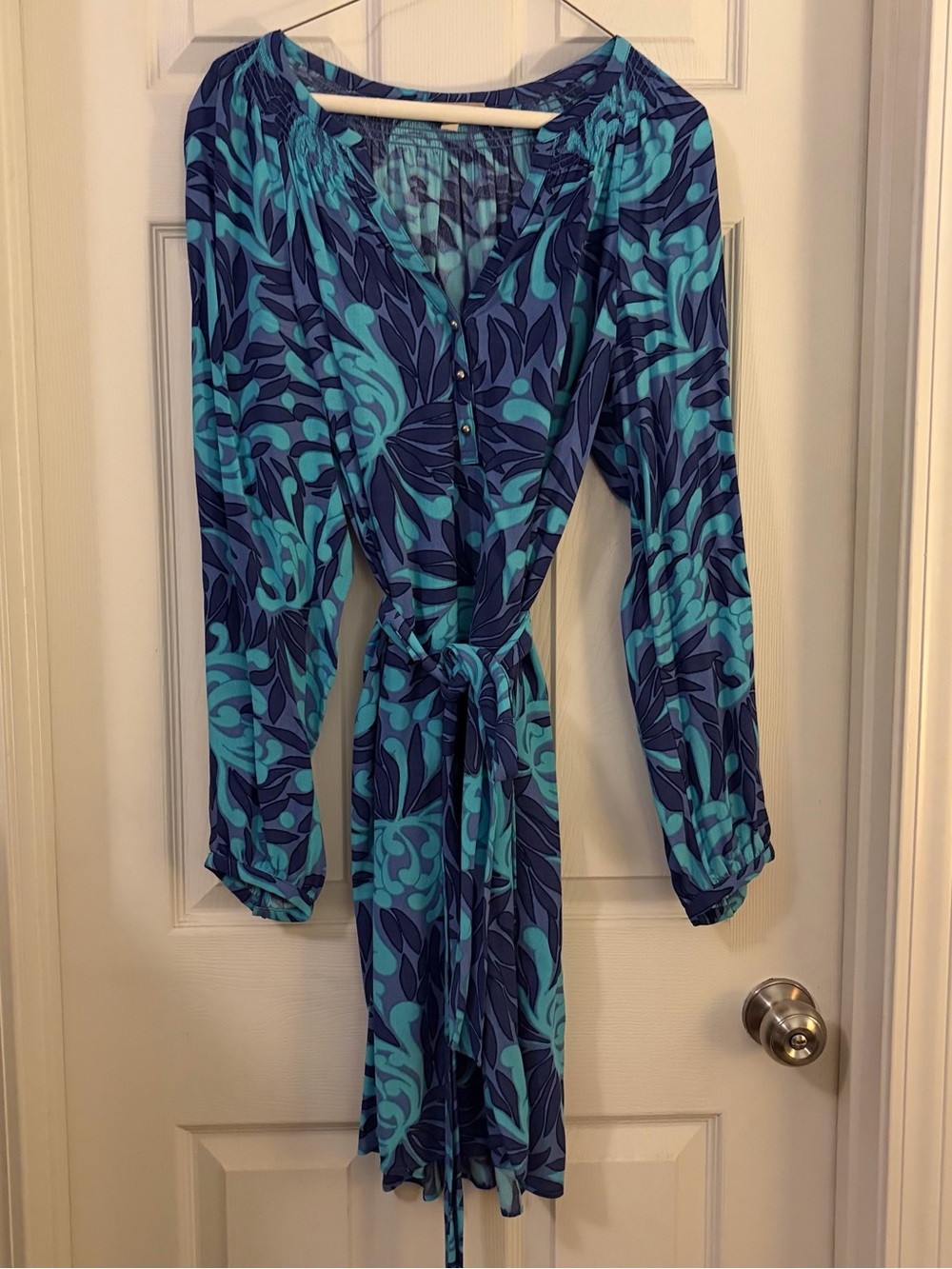 Banana Republic Blue Teal Floral Long Sleeve Belted Dress - SZ 8